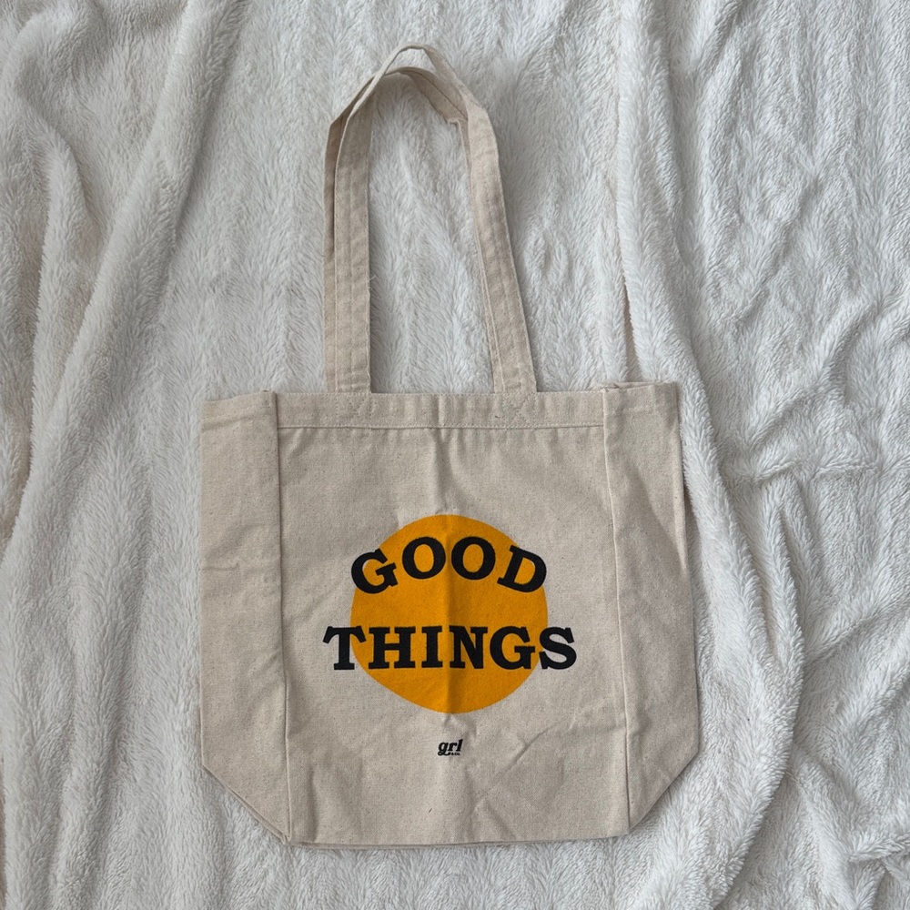 Beige Canvas Tote with Yellow Circle "GOOD THINGS" Print